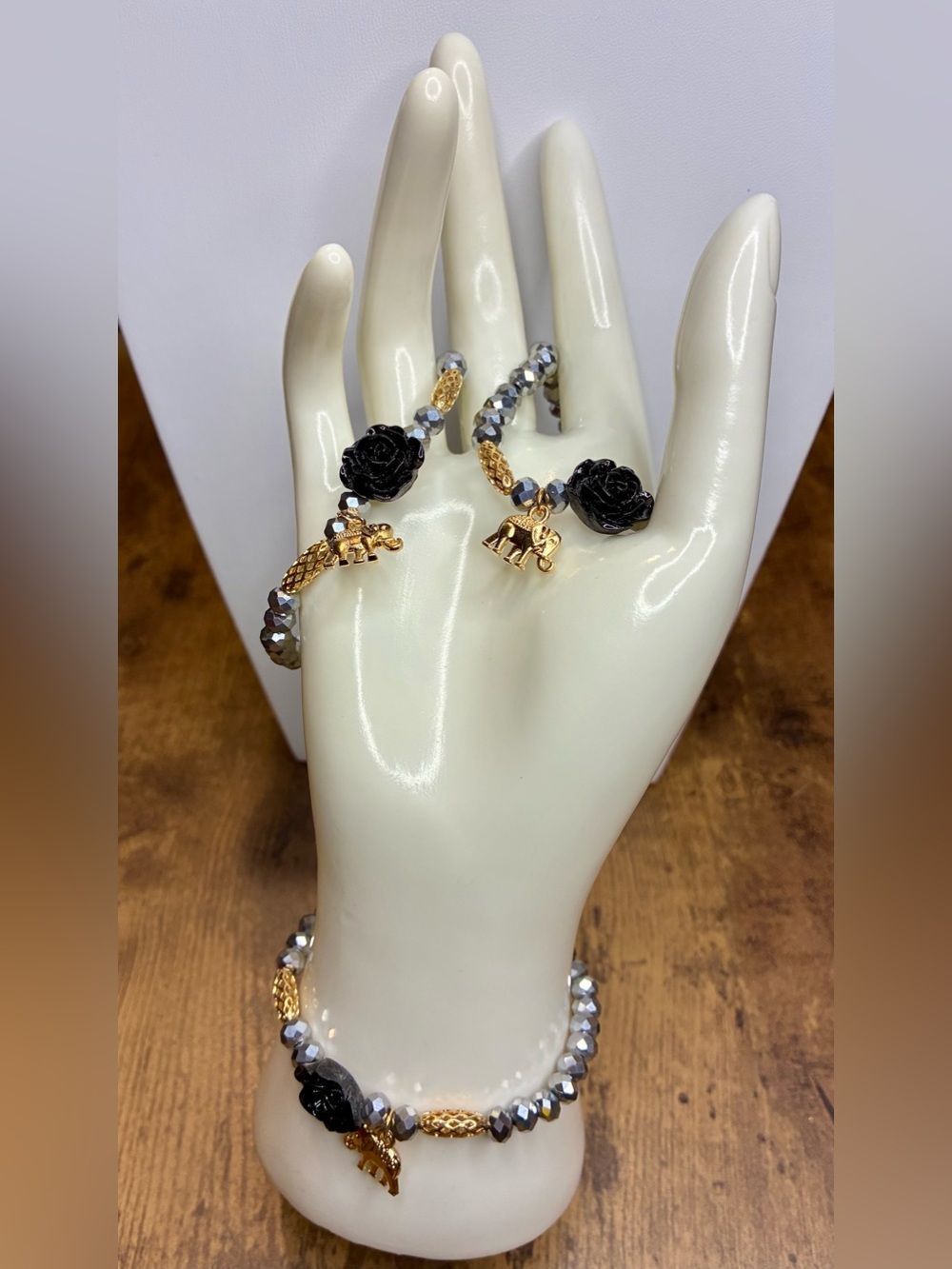 Black Rose & Gold Elephant Charm Stretch Bracelet Set- Elegant Beaded Bracelets